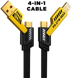 4-in-1 Fast Charging Data Cable 65W | Multi Charging Cable | Type-C, Lightning & Micro USB | Yellow & Black