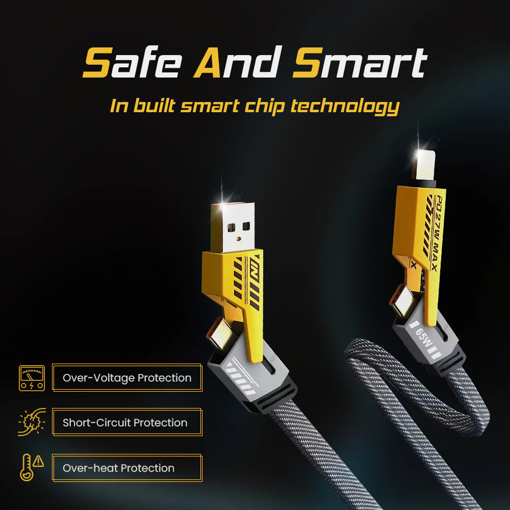 4-in-1 Fast Charging Data Cable 65W | Multi Charging Cable | Type-C, Lightning & Micro USB | Yellow & Black