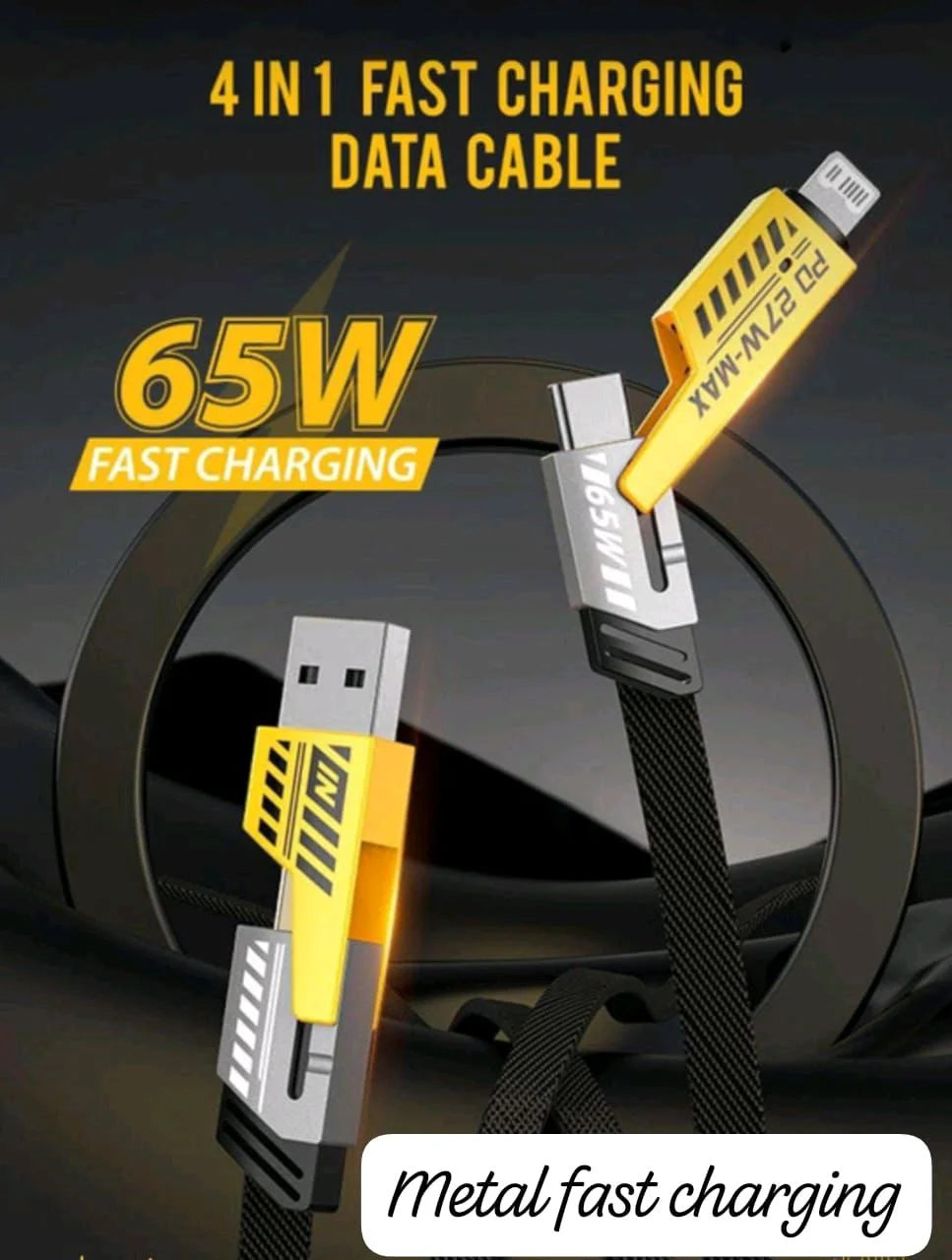 4-in-1 Fast Charging Data Cable 65W | Multi Charging Cable | Type-C, Lightning & Micro USB | Yellow & Black